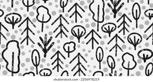Forest. Different trees in line art style, texture doodles. Vector seamless pattern