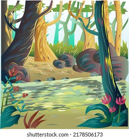 Forest Digital Painting  and Background Vector Illustration