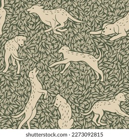 Forest Dog Pattern with Hand Drawn Puppies. Dogs playing among the leaves. Design good for wallpaper, fabric, baby clothes, blankets, backgrounds, packaging.