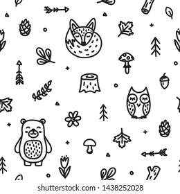 Forest doodle cute animals seamless pattern bear fox owl vector drawing on white background