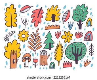 Forest doodle elements set. Colorful cartoon style vector illustration isolated on white background.