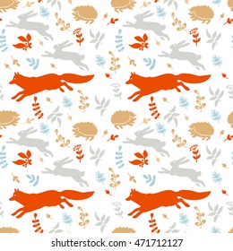 Forest doodle pattern with animals and leaves. Hand drawing. Seamless pattern for fabric, paper and other printing and web projects.