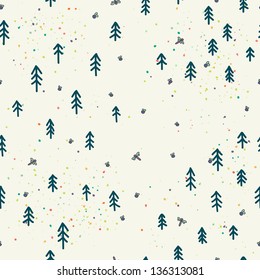 Forest doodle seamless pattern. Hand drawn trees, flies and dragonflies. Childish vector background.