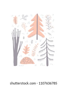 Forest doodle set. Hand drawn vector illustration. Natural objects in scandinavian style. Abstract free-hand elements. Trendy tribal symbol collection with plants and trees for print, poster, t-shirt.