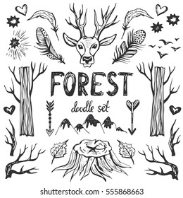 Forest doodle set . Hand drawn vector illustration. Set of natural objects in doodle style. Trendy tribal symbol collection with trees, arrows, deer, feathers for print and posters.