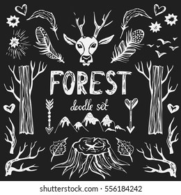 Forest doodle set . Hand drawn vector illustration. Set of natural objects in doodle style. Trendy tribal symbol collection with trees, arrows, deer, feathers for print and posters.