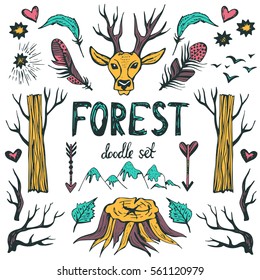 Forest doodle set . Hand drawn vector illustration. Set of natural objects in doodle style. Trendy tribal symbol collection with trees, arrows, deer, feathers for print and posters.