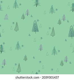 forest doodles pattern on green background, minimalistic pattern with winter trees hand drawn brush strokes