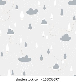 Forest drawing. Clouds and snowfall. Gray Vector seamless pattern in simple scandinavian style. The limited palette is ideal for printing, textiles, wallpaper in the nursery.