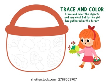 Forest drawing and coloring game with basket with cone, mushroom, acorn. Woodland tracing activity. Simple nature printable worksheet for kids with cute girl gathering leaves and flowers
