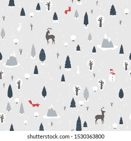 Forest drawing with a deer and a fox in the mountains. Vector seamless background in simple scandinavian style. The limited palette is ideal for printing, textiles, wallpaper in the nursery.