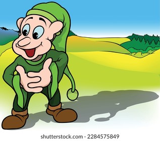 Forest Dwarf in Green Clothes with Long Cap and Smiling Face - Colored Cartoon Illustration with Background, Vector