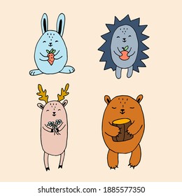 Forest dwellers. Hare with a carrot. Hedgehog with an apple. Deer with a bouquet of flowers. Bear with a barrel of honey. Colorful vector hand-drawn doodle illustration. 