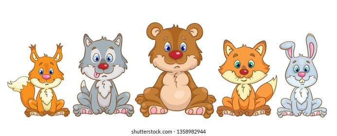 Forest dwellers. Teddy bear, wolf cub, little fox, rabbit and squirrel are sitting in a clearing.   In cartoon style. Isolated on white background. Vector illustration.