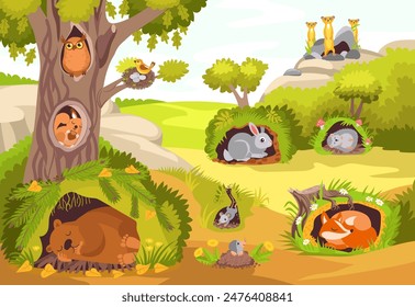 Forest dwellers in their holes and hollows. Cartoon animals sleep, eat and sit in burrows. Funny fauna creatures cozy homes. Wood mammals. Wild nature landscape. Splendid