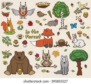 The forest dwellers - vector forest elements in doodle style
