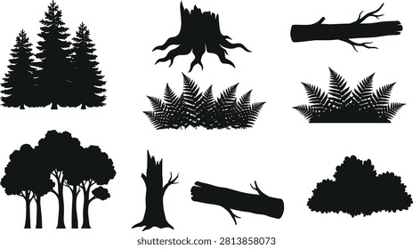 Forest ecosystem silhouettes with trees, stumps, ferns, logs, and shrubs for nature illustration and environmental design