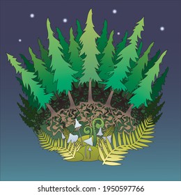 Forest edge with mushrooms at night under stars