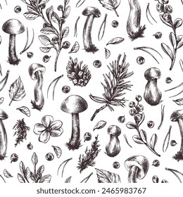 Forest edible boletus mushrooms with blueberries, lingonberries, twigs, cones, grass and autumn leaves. Graphic illustration, hand drawn with brown ink, line art monochrome. Seamless pattern