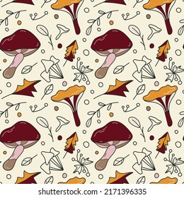 Forest edible chanterelle mushrooms and porcini mushroom. Hand drawn seamless vector pattern in doodle style. Cozy forest autumn illustration for fabric, textile or paper background
