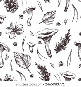 Forest edible chanterelle mushrooms are yellow with blueberries, autumn leaves and pine needles, cone. Graphic illustration, hand drawn with brown ink, line art monochrome. Seamless pattern