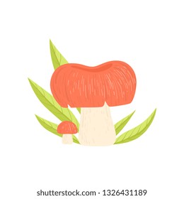 Forest Edible Mushroom and Green Grass, Wild Organic Product Vector Illustration