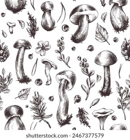 Forest edible mushrooms boletus and chanterelles with blueberries, lingonberries, autumn leaves and twigs. Graphic illustration, hand drawn with brown ink, line art monochrome. Seamless pattern