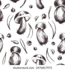 Forest edible mushrooms boletus, leaves, blueberries and pine needles. Graphic illustration, hand drawn with brown ink, line art monochrome. Seamless pattern, on the theme of forest, harvest, nature.