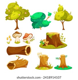 Forest Element and Object with Tree, Stump, Log and Mushroom Vector Set