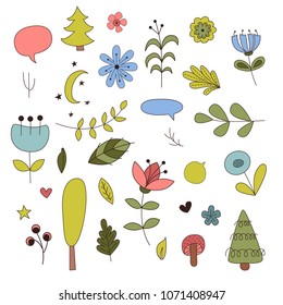 Forest elements in cartoon style. Vector illustration.