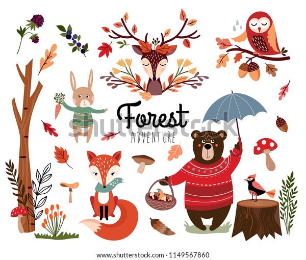 Forest Elements Collection Autumnal Background Hand Stock Vector ...
