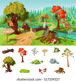 Forest elements concept with woodland pathway design and set of icons trees and grass isolated vector illustration