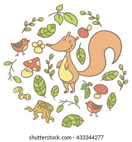 Forest elements. Cute animals, mushrooms, leaves, birds