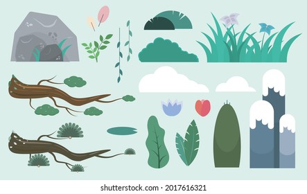 Forest elements with Green Plants, Leaves, Grass, Tree, Pine Tree, Flowers, Mountains, White Clouds and Gray Rocks. Vector, Flat, Illustration.