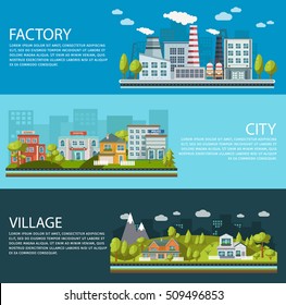 Forest elements horizontal banners set with environmental infrastructure of city factory and village isolated vector illustration