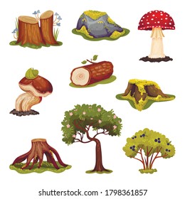 Forest Elements with Mossy Stump, Mushrooms and Bäume Vector Set