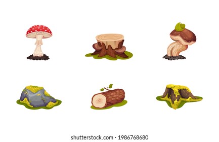 Forest Elements with Mossy Stump, Mushrooms and Log Vector Set