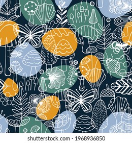 
Forest elements seamless pattern. Doodle graphic. Mushrooms, insects and leaves. Scandinavian kid style. Vector illustration