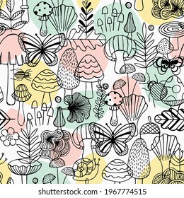 Forest elements seamless pattern  Linear graphic  Mushrooms  insects   leaves  Scandinavian kid style  Vector illustration