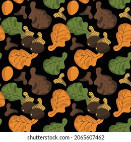 Forest elements seamless pattern. Set of acorns and colorful leaves. Texture on a black background for packaging, textiles, background