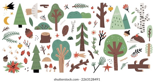 Conjunto de elementos forestales. Árboles verdes. Decoración infantil de dibujos animados, diseño de niños escandinavos. Decoración de papel de envoltura textil, vivero. Dibujo de Doodle, ilustración aislada del vector de bosques