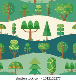 Forest elements - trees and fir-trees, vector seamless pattern in flat style