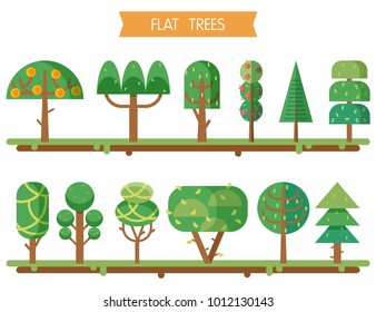 Forest elements - trees and fir-trees, vector illustration in flat style isolated on white background