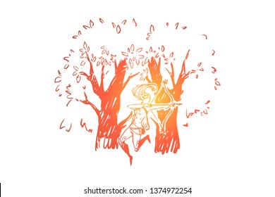 Forest elf with bow and quiver, mythical creature in woods, young elegant bowman, imaginary hunter. Fairy tale, imaginary character, fictional hero concept sketch. Hand drawn vector illustration