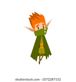 Forest elf boy in green cape, cute fairytale magic character vector Illustration on a white background