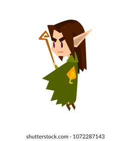 Forest elf boy in green clothes with wooden staff, cute fairytale magic character vector Illustration on a white background.