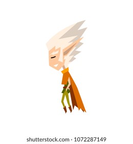 Forest elf boy with white hair, cute fairytale magic character vector Illustration on a white background