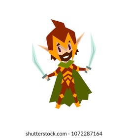 Forest elf warrior in green clothes with swords, cute fairytale magic character vector Illustration on a white background