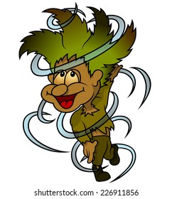 Forest Elf And Whirlwind - Cartoon Illustration, Vector