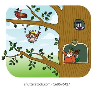 forest elfes living at the fairy tree. Princess with her parents 